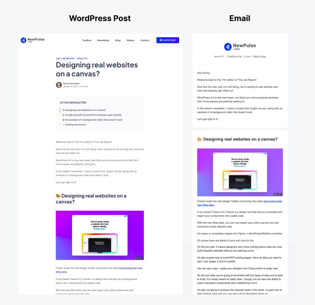 My newsletter as a WordPress post & actual email