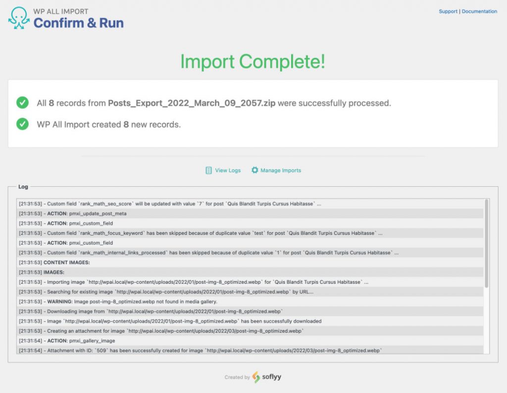 WP All Import import completed