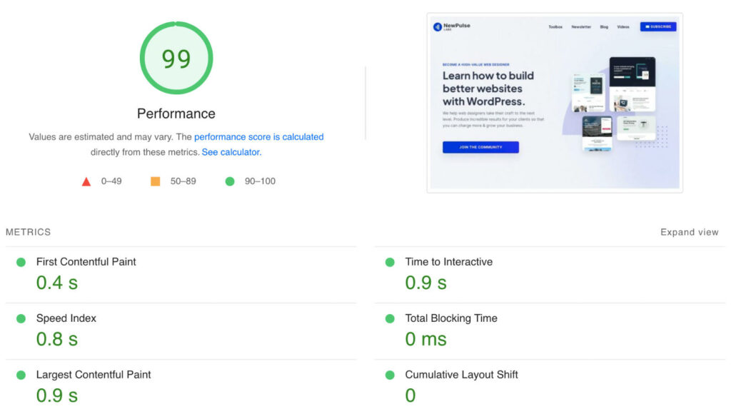 Motion.page PageSpeed report with a 99 score