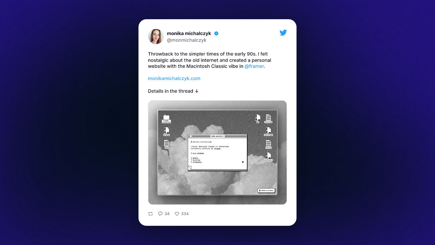 Tweet of a Framer tutorial that talks about how to make a site that looks like a 90s Mac OS