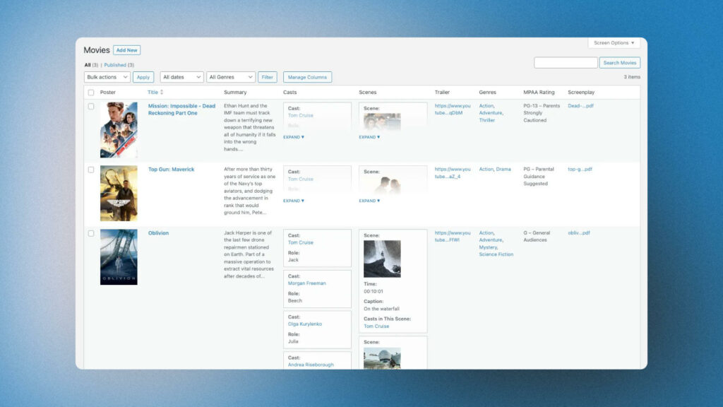 Screenshot of Admin and Site Enhancements' admin columns manager